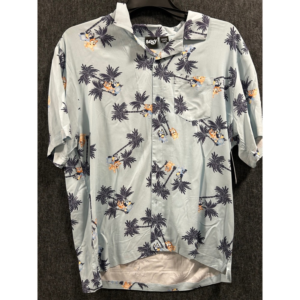 Bluey Button Down Shirt Men Large Blue Palm Tree Bingo Character Print Hawaiian